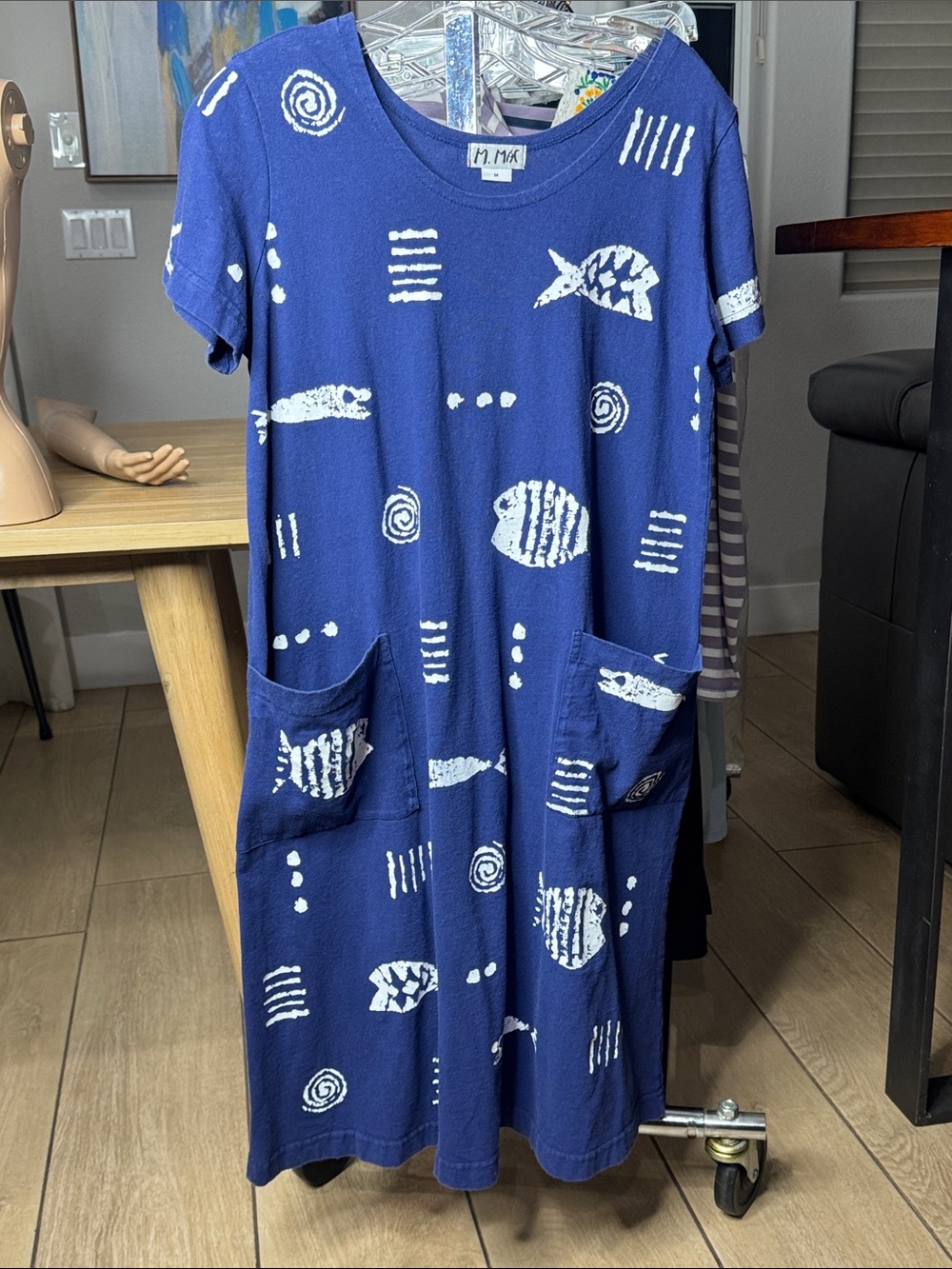 M. MAC Blue Fish Print Pocket Dress Medium Art To Wear Coastal Nautical
